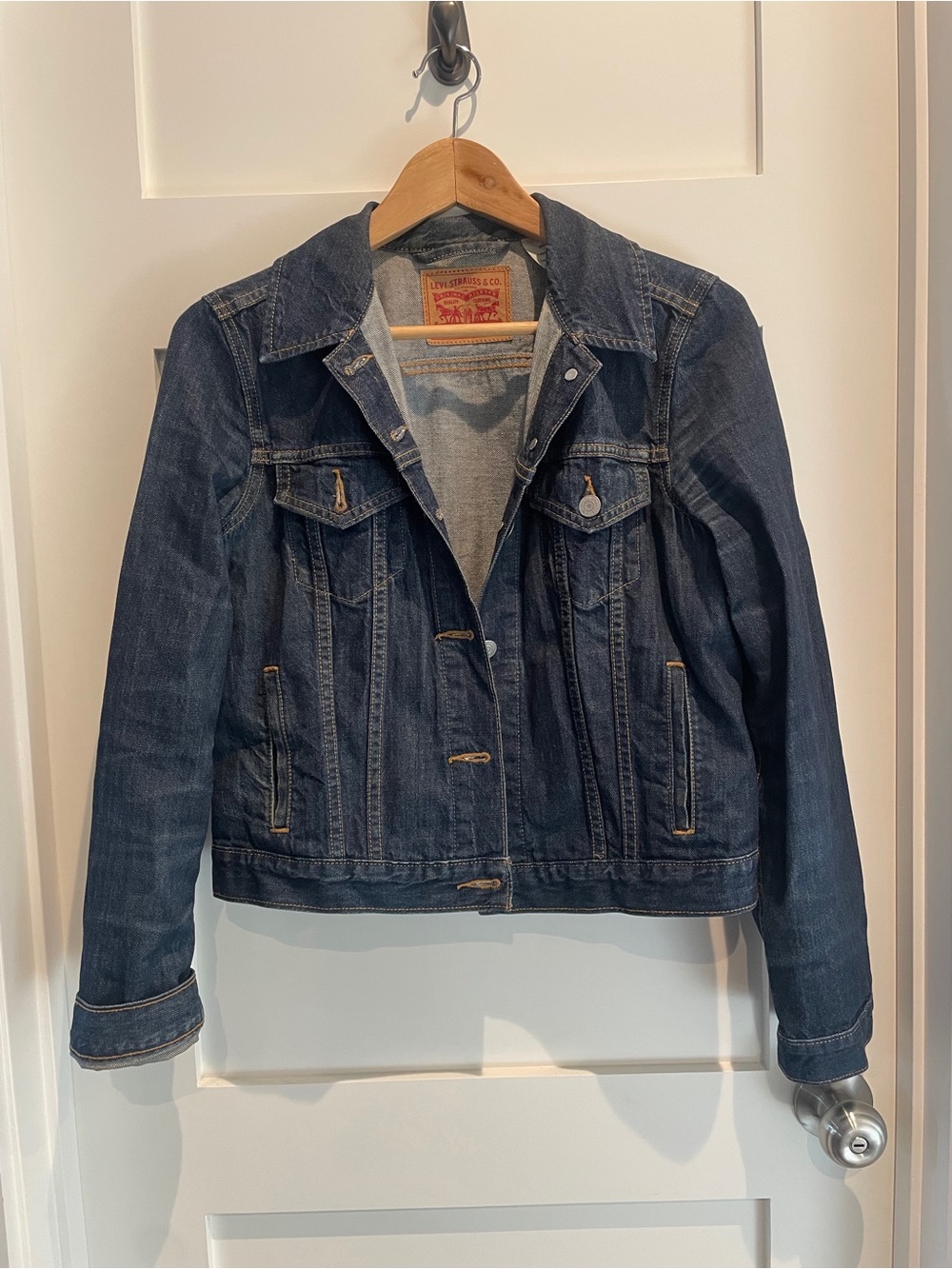 Levi's Tan Leather Patch Trucker Detail on Blue Denim